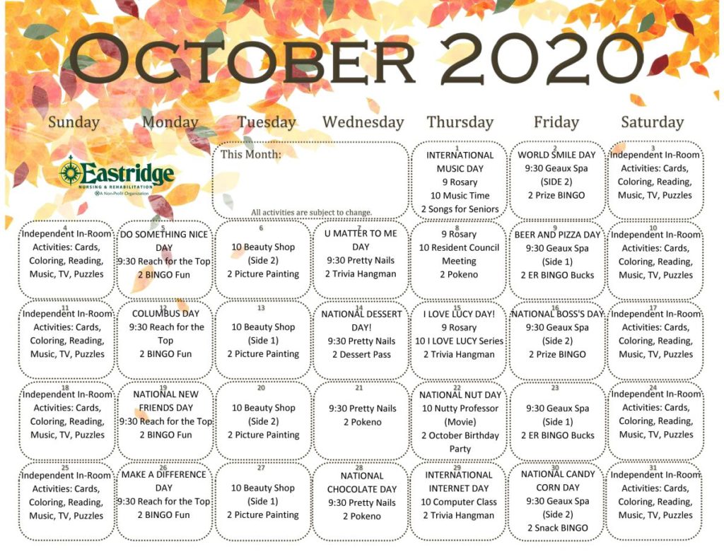 Eastridge Nursing and Rehabilitation October 2020 Calendar